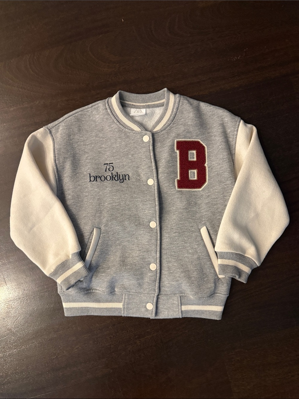 Zara Kids Light Grey & White Varsity Jacket with Red 'B' Patch